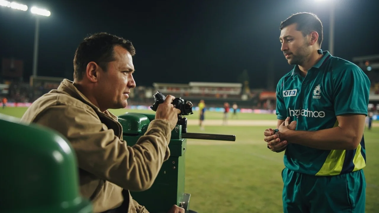Cricket captain and bowler discussing a field placement during a break in play