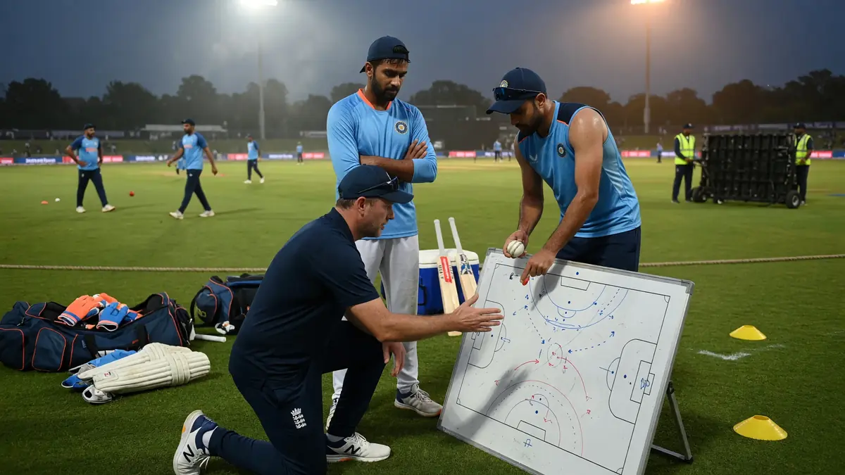 Medium shot of fielders and a bowler setting positions on a green T20 pitch during a tactical pause