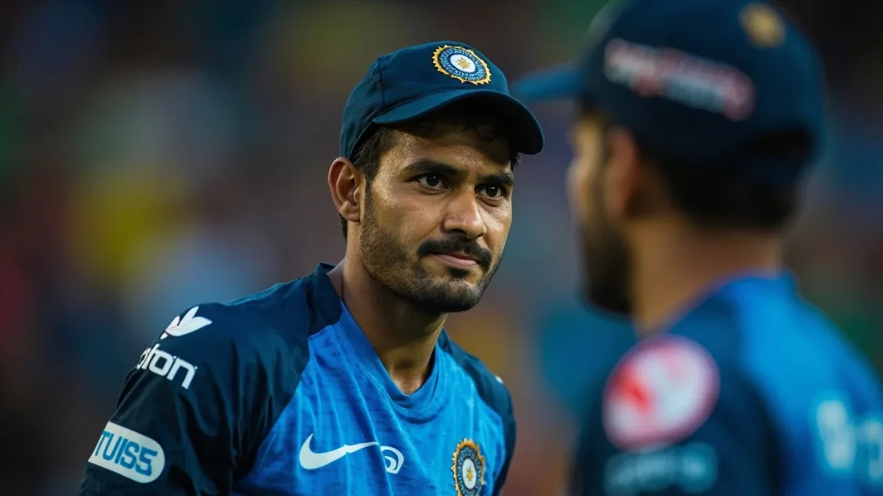 Editorial action frame of a batter in stance at the crease, captured at telephoto range, used to illustrate the captaincy-versus-form trade-off the BCCI weighed on 8 May 2026