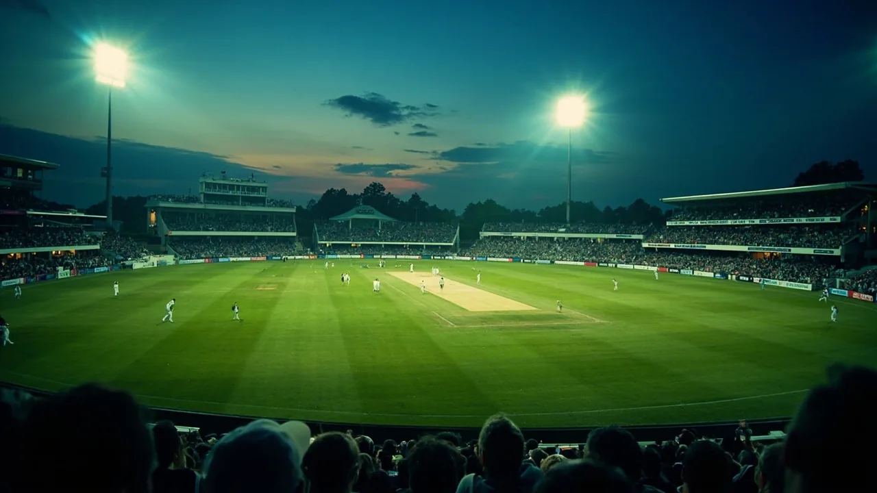 Wide view of The Kia Oval under evening floodlights on 21 July 2026, the night MI London opened the men's Hundred 2026 against Sunrisers Leeds